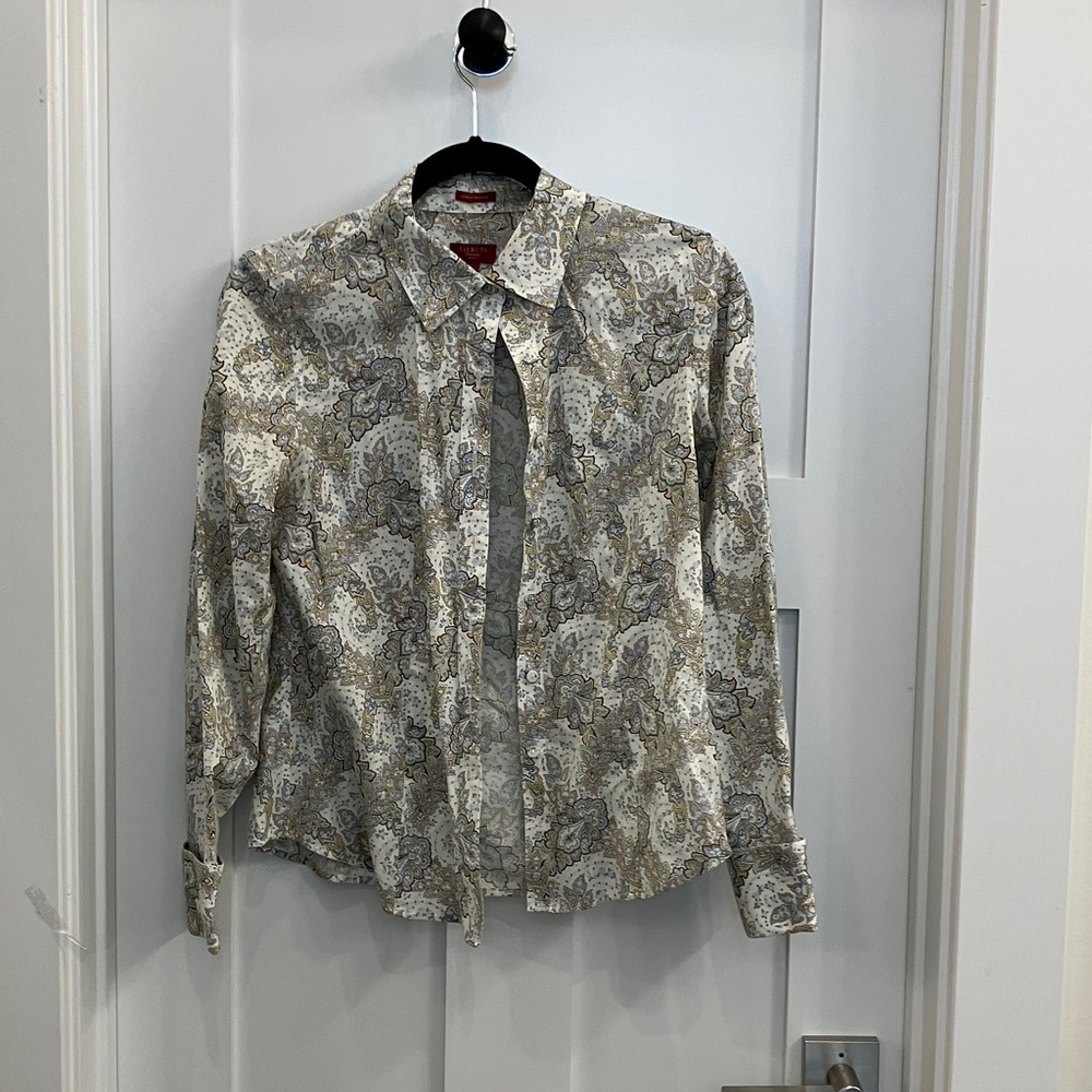 Talbots Paisley Wrinkle Resistant Blouse - Blue and Cream